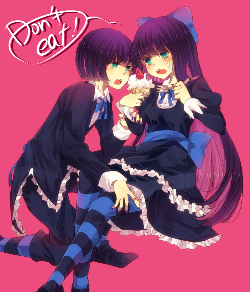 10s 1boy 1girl bow dual_persona genderswap genderswap_(ftm) green_eyes highres mugi_(twinbox) nail_polish panty_&amp;_stocking_with_garterbelt purple_nails stocking_(psg) striped_clothes striped_thighhighs thighhighs