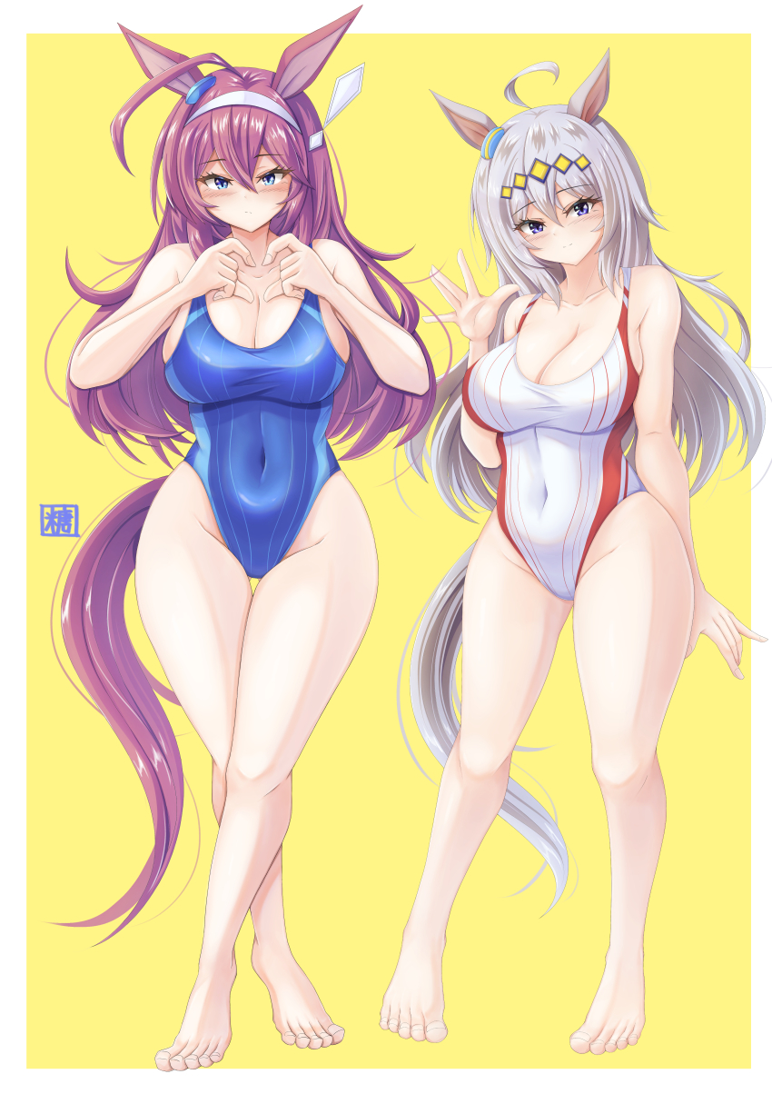 2girls 4-finger_heart_hands absurdres ahoge animal_ears barefoot blue_eyes blue_one-piece_swimsuit breasts brown_hair cleavage commentary_request competition_swimsuit covered_navel cowboy_shot ear_ornament full_body grey_hair hairband heart heart_hands highleg highleg_one-piece_swimsuit highres horse_ears horse_girl horse_tail large_breasts long_hair mihono_bourbon_(umamusume) multiple_girls multiple_views oguri_cap_(umamusume) one-piece_swimsuit outside_border silver_hairband swimsuit tail thigh_gap tong_shui two-tone_background two-tone_swimsuit umamusume white_background white_one-piece_swimsuit yellow_background