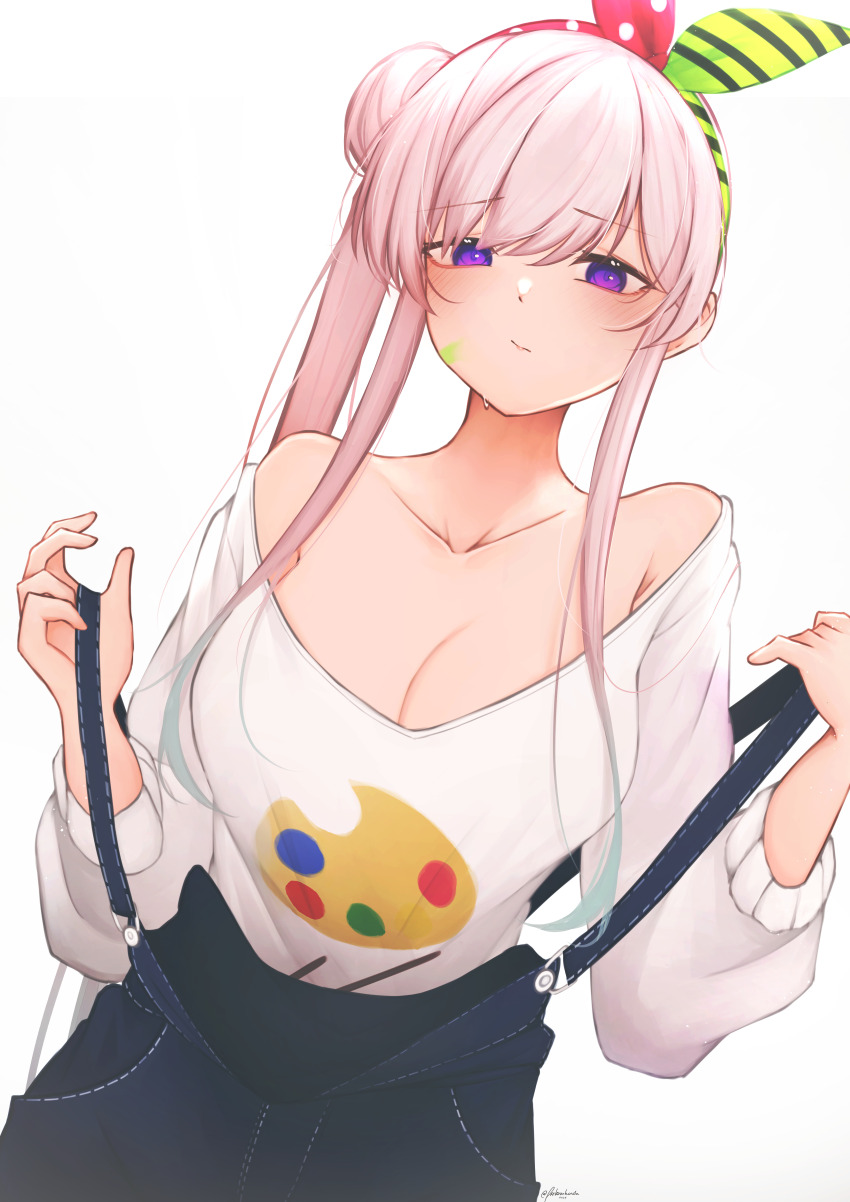 1girl absurdres airani_iofifteen blush breasts cleavage collarbone highres hololive hololive_indonesia large_breasts long_hair looking_at_viewer off-shoulder_shirt off_shoulder overalls paint_splatter paint_splatter_on_face parkiranhonda pink_hair purple_eyes shirt solo sweatdrop virtual_youtuber