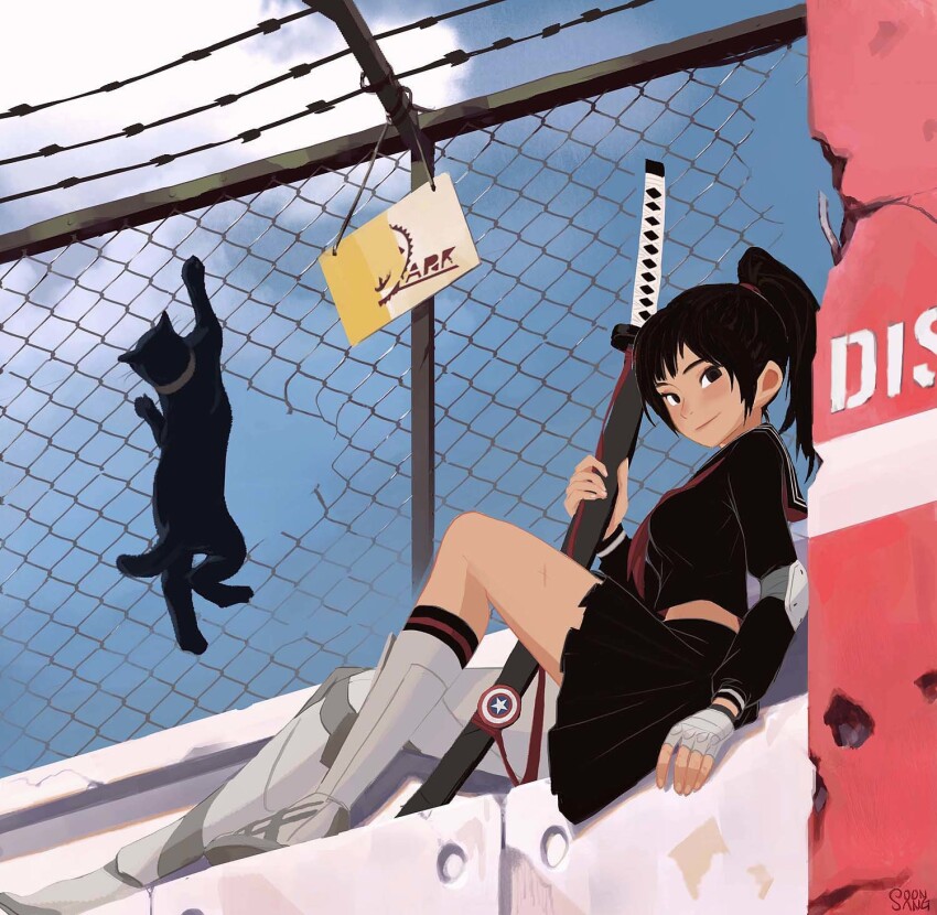 1girl animal black_cat black_hair boots cat chain-link_fence climbing cloud concrete female_focus fence hong_soon-sang katana knees_up long_hair looking_at_viewer original outdoors ponytail school_uniform serafuku sheath sheathed sitting sky sword weapon