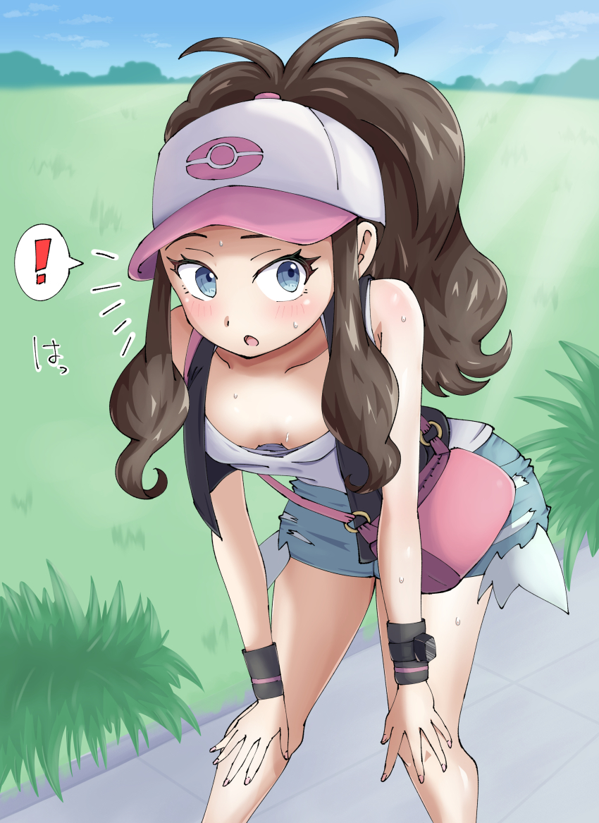 ! 1girl absurdres bag bare_shoulders baseball_cap blue_eyes blush breasts brown_hair cloud creatures_(company) downblouse game_freak grass handbag hat highres hilda_(pokemon) leaning_forward long_hair looking_at_viewer maho_(corotonton5150) nintendo notice_lines open_mouth outdoors pink_nails pokemon pokemon_bw ponytail shorts sky small_breasts solo sweat translation_request