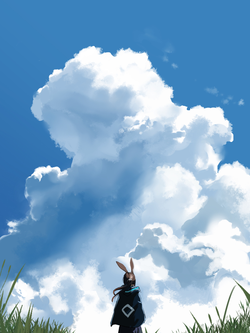 1girl amiya_(arknights) animal_ears arknights black_skirt blue_jacket blue_sky brown_hair cloud cloudy_sky commentary_request day from_behind from_below grass highres hood hood_down hooded_jacket jacket looking_ahead looking_up outdoors ponytail rabbit_ears rabbit_girl scenery skirt sky solo tofudofu vegetation