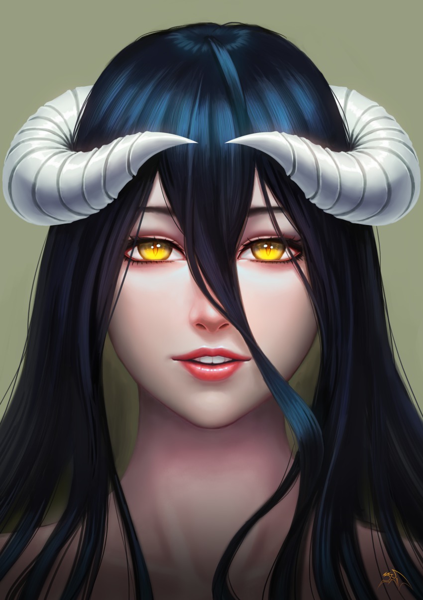 1girl absurdres albedo_(overlord) black_hair collarbone darkmuleth demon_girl demon_horns eyebrows eyelashes female_focus hair_between_eyes highres horns lips long_hair looking_at_viewer neck nose overlord_(maruyama) parted_lips portrait signature simple_background slit_pupils solo teeth yellow_eyes