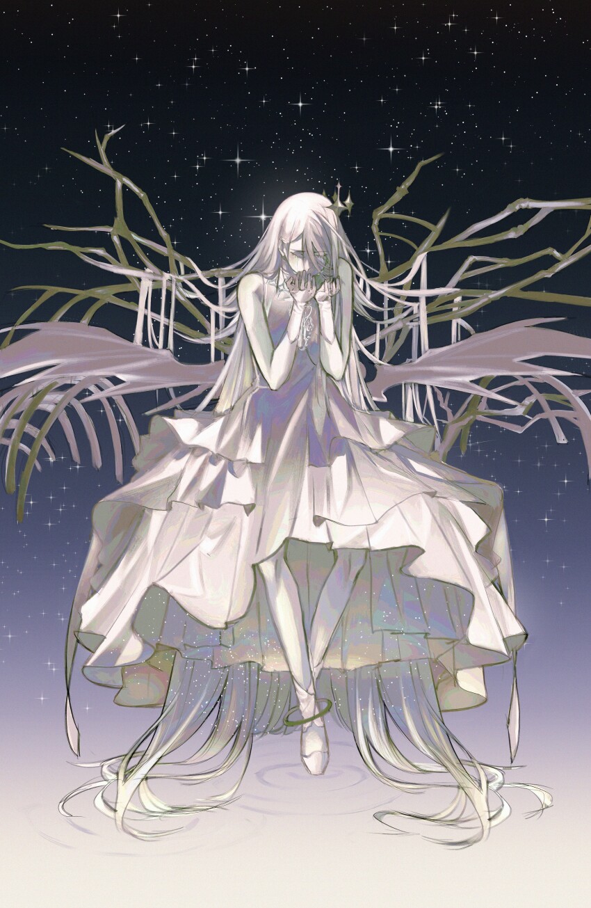 1girl absurdly_long_hair absurdres bare_shoulders bloom_festival_(project_sekai) closed_eyes commentary crown crying dress full_body gradient_background hair_between_eyes hands_up highres layered_dress long_hair official_alternate_costume official_alternate_hairstyle otsggn own_hands_together project_sekai ripples sky sleeveless sleeveless_dress solo star_(sky) starry_sky tears very_long_hair white_dress white_footwear white_hair wings yoisaki_kanade