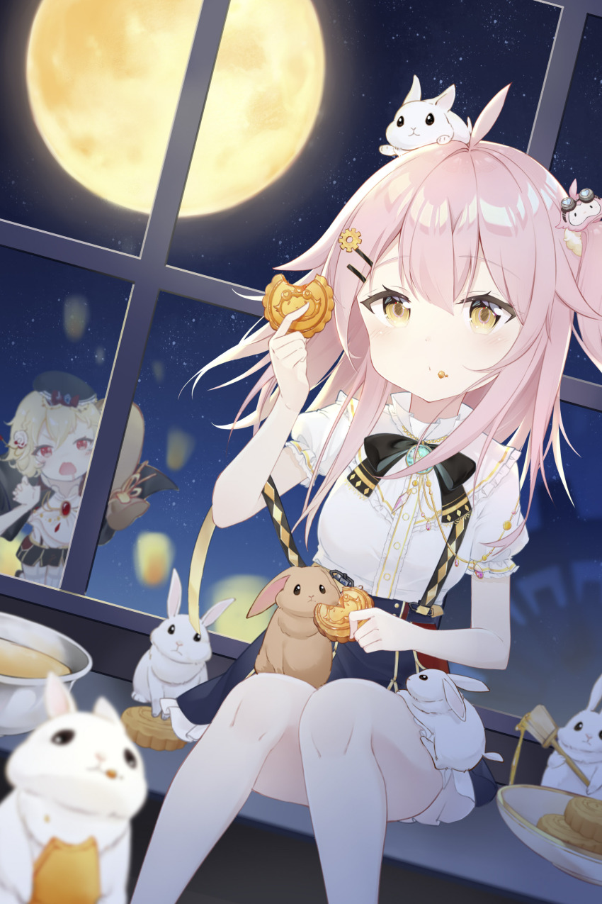 1girl absurdres ace_taffy brown_hair full_moon highres holding medium_hair moon mooncake night original pink_hair rabbit sitting solo virtual_youtuber yuka_aaaaaa