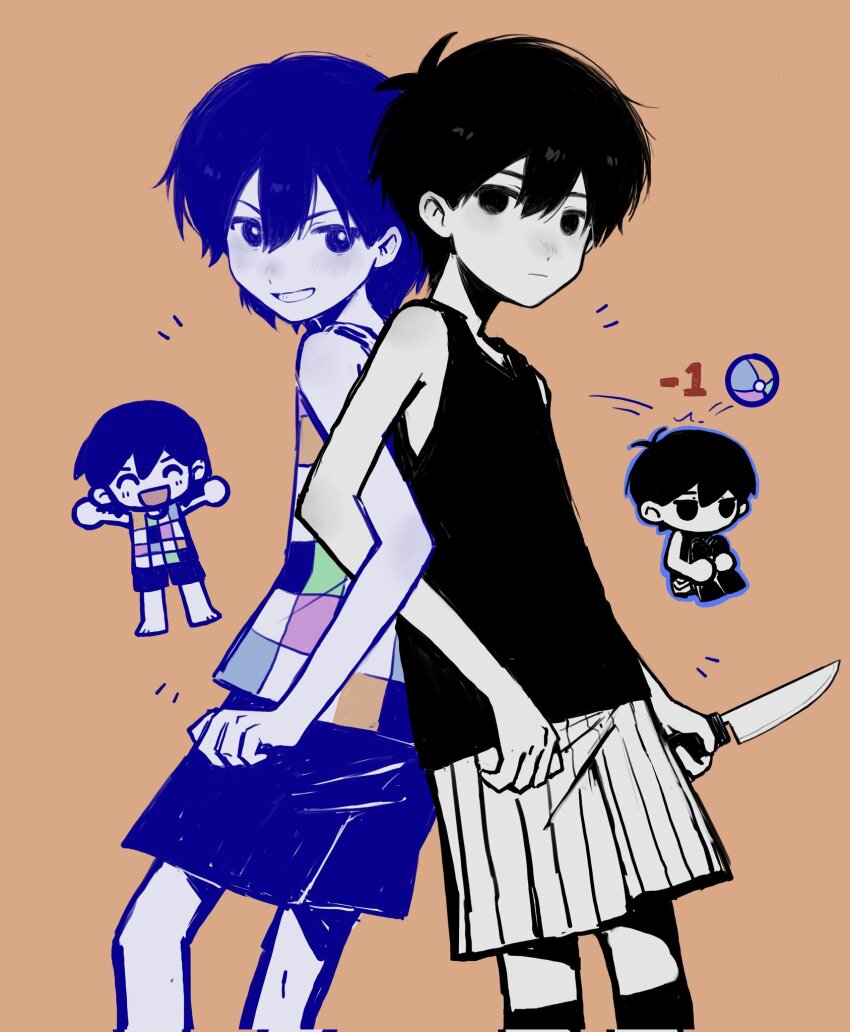 2boys :d ball barefoot black_tank_top black_thighhighs closed_eyes closed_mouth colored_skin corrupted_twitter_file expressionless grin highres holding holding_knife kel_(headspace)_(omori) kel_(omori) knife looking_at_viewer male_focus multiple_boys omori omori_(omori) open_mouth parted_lips purple_eyes purple_hair purple_shorts shirt shorts smile tank_top teeth thighhighs vb4but white_shirt white_skin