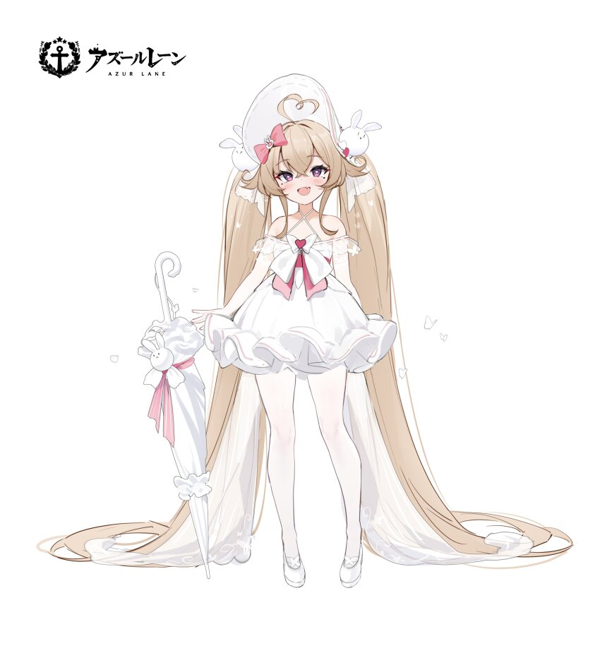 1girl absurdres ahoge attilio_regolo_(angel_from_above)_(azur_lane) attilio_regolo_(azur_lane) azur_lane bare_shoulders bonnet bow bug butterfly dress fang frilled_dress frills full_body hair_bow hair_ornament halterneck heart heart-shaped_pupils heart_ahoge highres insect k.t.cube light_brown_hair logo long_hair looking_at_viewer low_twintails mole mole_under_eye official_alternate_costume open_mouth pantyhose pink_bow purple_eyes rabbit_hair_ornament simple_background skin_fang smile solo symbol-shaped_pupils twintails umbrella very_long_hair white_background white_bonnet white_dress white_footwear white_pantyhose white_umbrella