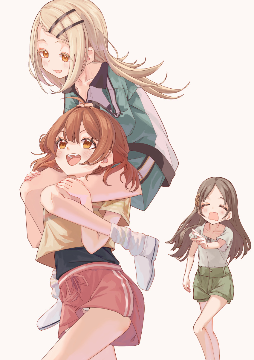 3girls =_= absurdres ahoge bare_legs blonde_hair blush brown_hair carrying carrying_person collarbone commentary_request flipped_hair gakuen_idolmaster hanami_ume highres idolmaster jacket kinako_mochi kuramoto_china looking_ahead multiple_girls panties panty_peek shinosawa_hiro short_shorts shorts shoulder_carry simple_background smile swept_bangs track_jacket underwear white_background