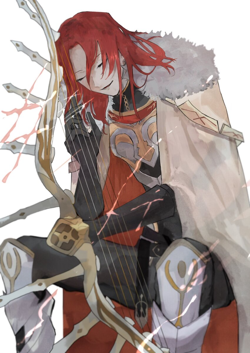 1boy armor black_pants bow_(weapon) cape closed_eyes failnaught_(fate) fate/grand_order fate_(series) fur-trimmed_cape fur_trim gloves harp highres holding holding_bow_(weapon) holding_weapon instrument jtgbaaa long_hair long_sleeves male_focus music open_mouth pants playing_instrument red_hair simple_background sitting smile solo tristan_(fate) weapon white_background