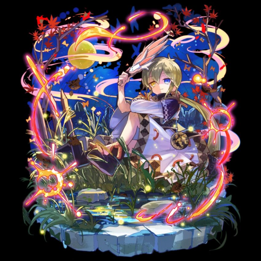 1boy black_background blonde_hair blue_eyes bug child closed_mouth dress feather_fan full_body full_moon grass hair_between_eyes hand_up heterochromia highres holding kneeling leaf long_hair looking_at_viewer magic mask merc_storia moon night official_art outdoors ponytail rock shaded_face sitting smile solo tachi-e tree water xi_jie yellow_eyes