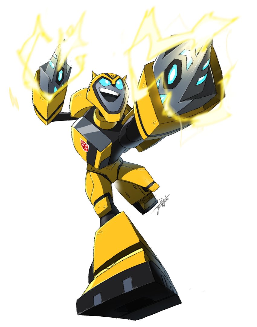 1boy absurdres arm_blade artist_name blue_eyes bumblebee electricity highres insignia jeetdoh mecha no_humans open_mouth robot running smile transformers transformers_animated weapon white_background