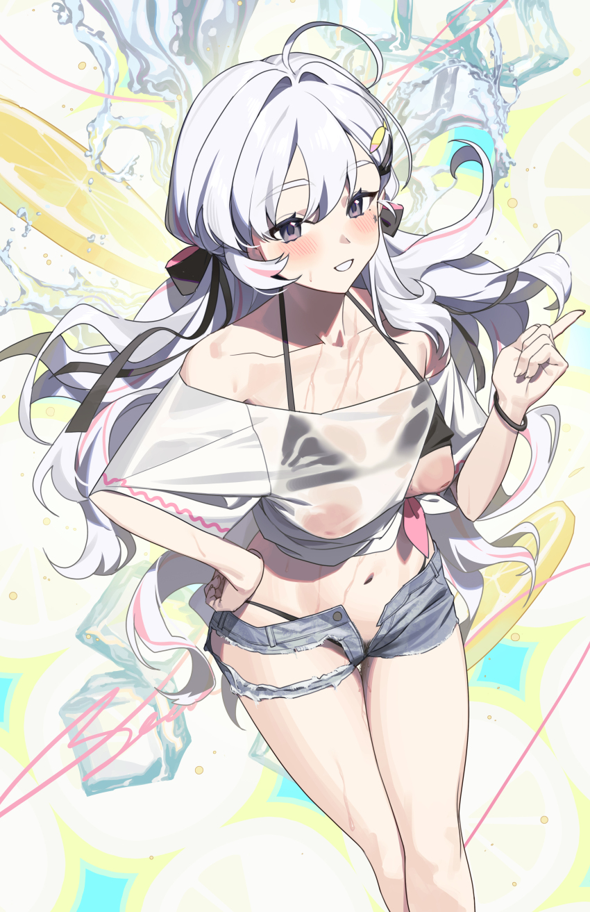 1girl :d absurdres ahoge airseal bikini bikini_top_lift bikini_under_clothes black_bikini black_ribbon blush brown_eyes clothes_lift collarbone feet_out_of_frame female_pubic_hair food food-themed_background fruit grey_hair grey_shorts grin hair_ornament hairclip hand_on_own_hip highres ice ice_cube index_finger_raised inverted_nipples lemon lemon_slice long_hair looking_at_viewer multicolored_hair navel off_shoulder one_breast_out open_clothes open_fly open_mouth open_shorts original parted_lips pink_hair pubic_hair ribbon see-through shirt short_shorts short_sleeves shorts signature smile solo standing streaked_hair swimsuit thigh_gap tied_shirt torn_clothes torn_shorts two-tone_hair water wet wet_clothes wet_shirt white_shirt wristband