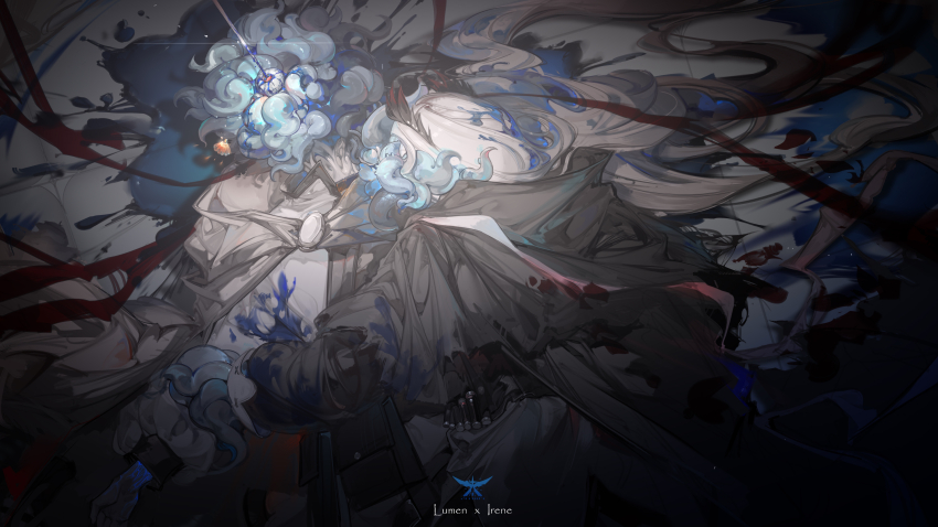 1boy 1girl absurdres arknights bad_end death dongsheng head_wings highres irene_(arknights) jacket long_hair long_sleeves lumen_(arknights) lying tentacles wings