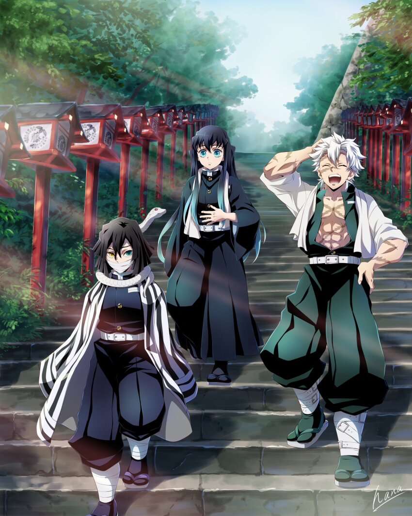 3boys animal animal_around_neck aqua_eyes aqua_hair bandage_on_face bandages belt belt_buckle black_hair black_hakama black_jacket black_socks buckle buttons closed_eyes closed_mouth covered_mouth demon_slayer_uniform facial_scar full_body green_hakama green_jacket green_socks hakama hakama_pants hana_ni_nare haori heterochromia highres iguro_obanai jacket japanese_clothes kaburamaru kimetsu_no_yaiba long_hair male_focus multicolored_hair multiple_boys open_clothes open_jacket open_mouth outdoors pants sandals scar scar_on_arm scar_on_cheek scar_on_chest scar_on_face scar_on_forehead scar_on_nose shinazugawa_sanemi signature snake snake_wrapped_around_neck socks stairs stone_stairs striped_haori tabi tokitou_muichirou tree white_belt white_hair white_haori white_snake yellow_eyes zouri