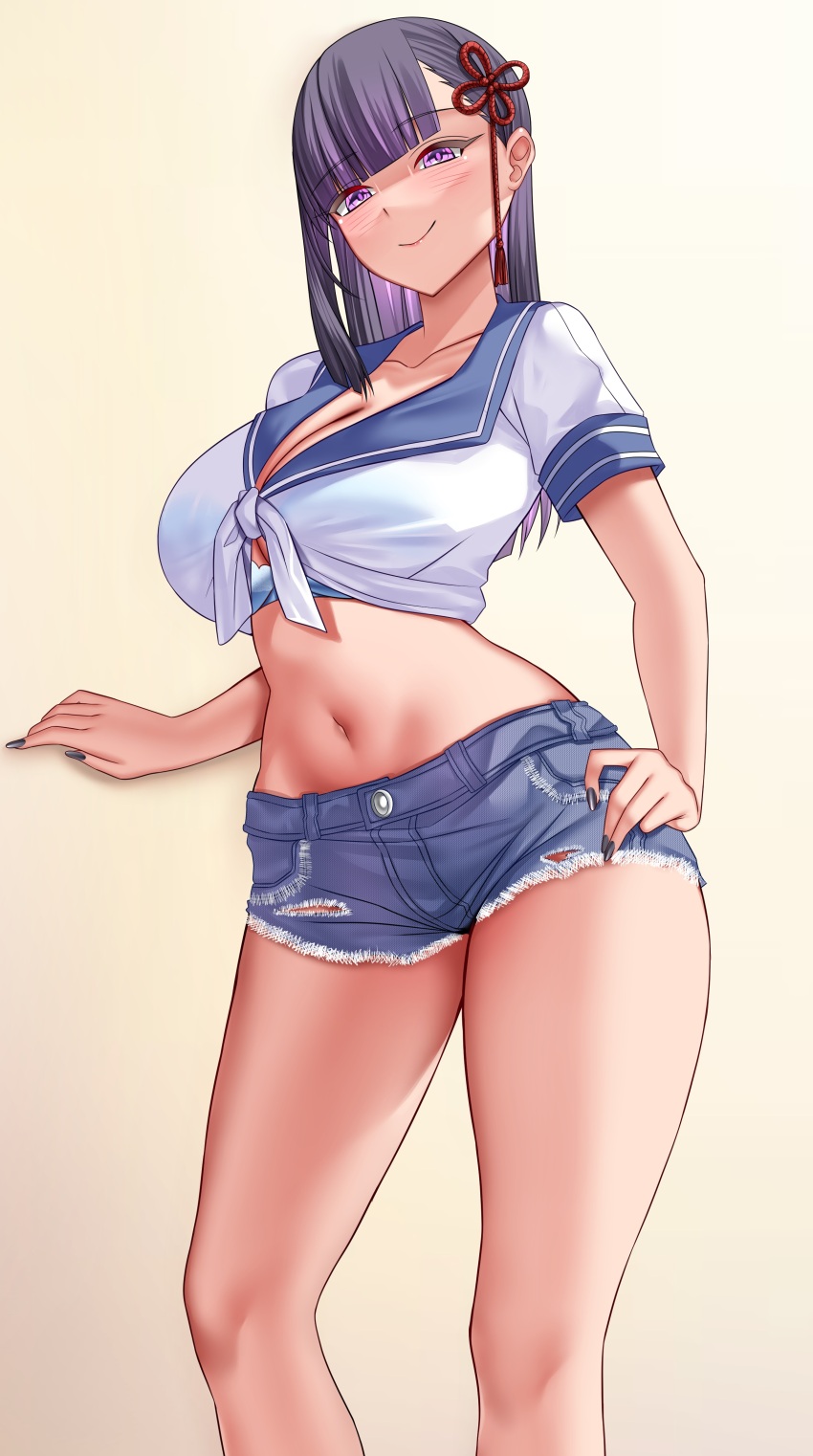 1girl absurdres bare_legs black_hair black_nails blue_bra blue_sailor_collar blunt_bangs blush bra bra_peek bra_visible_through_clothes breasts cleavage collarbone commentary commission denim denim_shorts english_commentary hair_ribbon highres large_breasts legs looking_at_viewer makudesu mato_seihei_no_slave multicolored_hair navel purple_eyes purple_hair ribbon sailor_collar see-through_clothes see-through_shirt shirt short_shorts short_sleeves shorts simple_background smile solo standing thighs torn_clothes torn_shorts two-tone_hair underwear white_shirt yamashiro_ren yellow_background