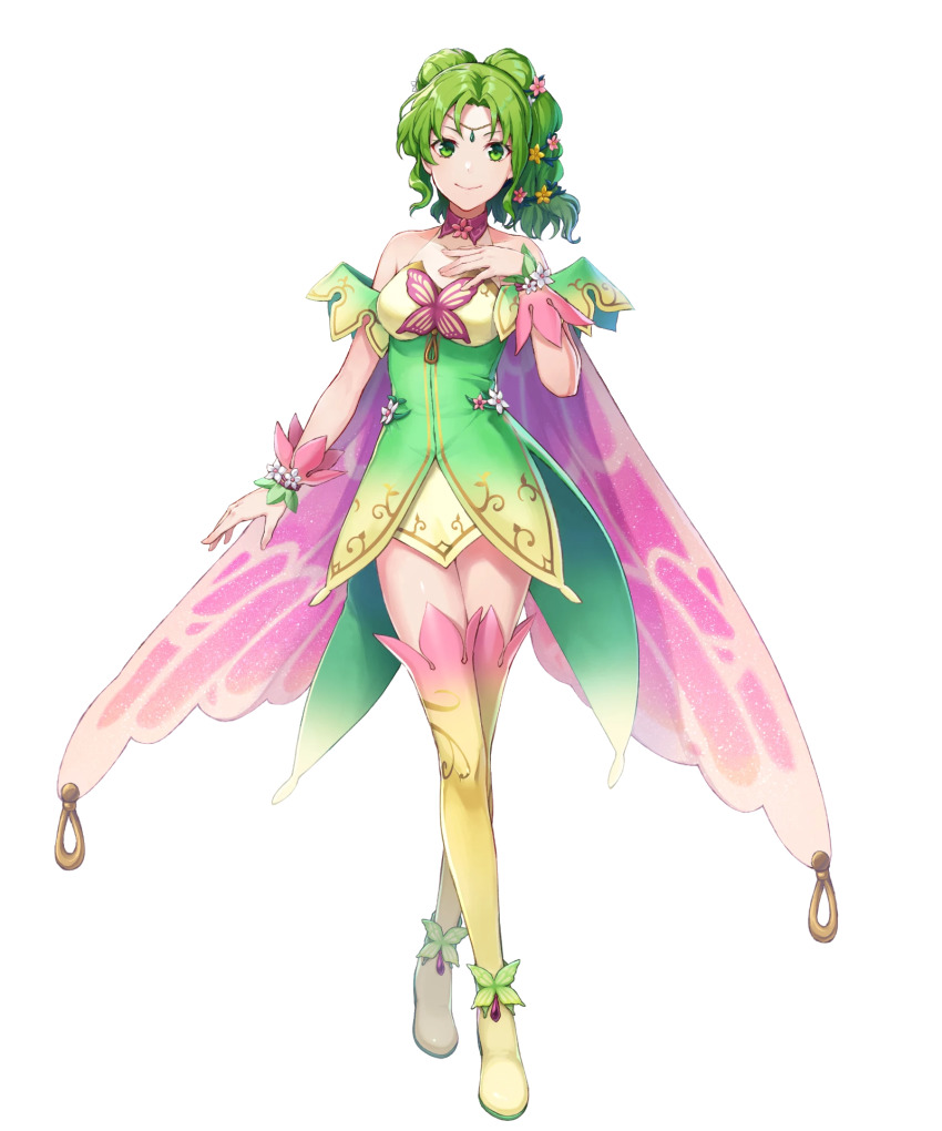 1girl alternate_costume artist_request bare_shoulders boots breasts cape dress female_focus fire_emblem fire_emblem:_the_sacred_stones fire_emblem_heroes full_body gradient_clothes green_eyes green_hair hair_ornament hand_on_own_chest hand_up highres jewelry l&#039;arachel_(fire_emblem) long_hair looking_at_viewer matching_hair/eyes medium_breasts nintendo non-web_source official_art short_dress simple_background sleeveless smile solo thigh_boots thighhighs thighs transparent_background turtleneck white_background wrist_cuffs zettai_ryouiki