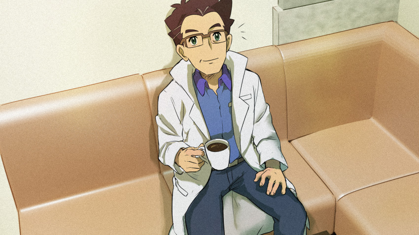 1boy belt belt_buckle blouse blue_shirt brown-framed_eyewear brown_hair buckle cerise_(pokemon) closed_mouth coffee collared_shirt commentary_request couch creatures_(company) cup game_freak glasses green_eyes grey_belt grey_pants hand_on_own_thigh highres holding holding_cup indoors lab_coat long_sleeves looking_up male_focus matsuno_opa mug nintendo notice_lines pants pokemon pokemon_(anime) pokemon_journeys semi-rimless_eyewear shirt short_hair sitting smile solo