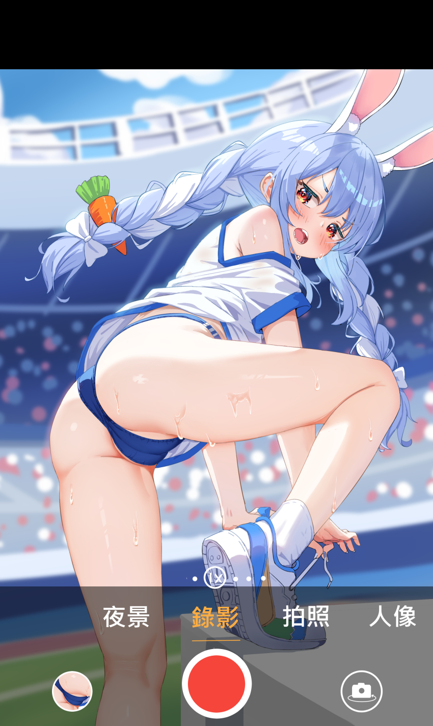 1girl :o absurdres alternate_costume animal_ear_fluff animal_ears annoyed ass bare_legs bare_shoulders blue_buruma blue_hair blurry blurry_background blush braid buruma cameltoe carrot carrot_hair_ornament commentary_request dongchuan embarrassed food-themed_hair_ornament gym_shirt hair_between_eyes hair_ornament highres hololive leg_up long_hair looking_at_viewer multicolored_hair off-shoulder_shirt off_shoulder open_mouth orange_eyes rabbit-shaped_pupils rabbit_ears rabbit_girl recording shirt shoes short_eyebrows skin_tight smile sneakers solo sportswear stadium sweat symbol-shaped_pupils thick_eyebrows thighs twin_braids twintails two-tone_hair tying usada_pekora very_long_hair viewfinder virtual_youtuber white_hair white_shirt