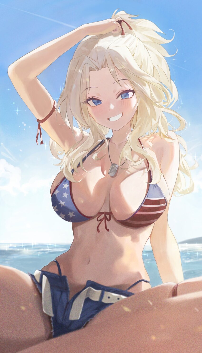 american_flag american_flag_bikini american_flag_print arm_strap bare_shoulders belt bikini blonde_hair blue_eyes breasts denim denim_shorts dog_tags flag_print girls_und_panzer grin hair_intakes highleg highleg_panties highres kay_(girls_und_panzer) large_breasts long_hair mamaa_(maeni6379) panties partially_unzipped print_bikini print_swimsuit shorts smile swimsuit underwear white_belt