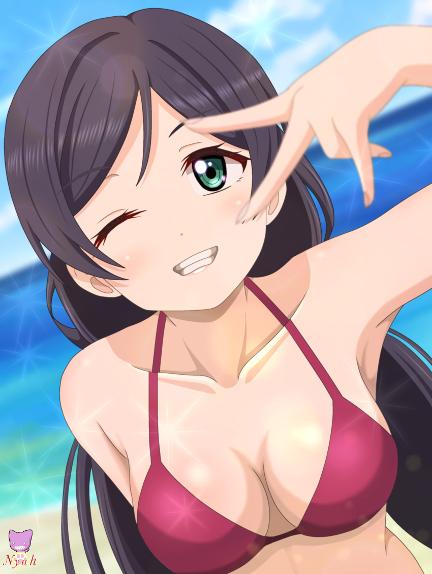 1girl absurdres aqua_eyes breasts cleavage highres looking_at_viewer love_live! medium_breasts nyahoekaki1 one_eye_closed purple_eyes smile solo swimsuit tojo_nozomi