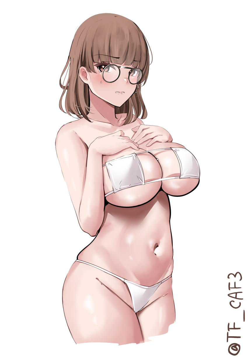 1girl bikini blush bra breasts brown_eyes brown_hair cowboy_shot eyepatch_bikini glasses highres kantai_collection large_breasts looking_at_viewer medium_hair panties roma_(kancolle) short_hair smile solo swimsuit tf_cafe twitter_username underboob underwear underwear_only wavy_hair white_bra white_panties