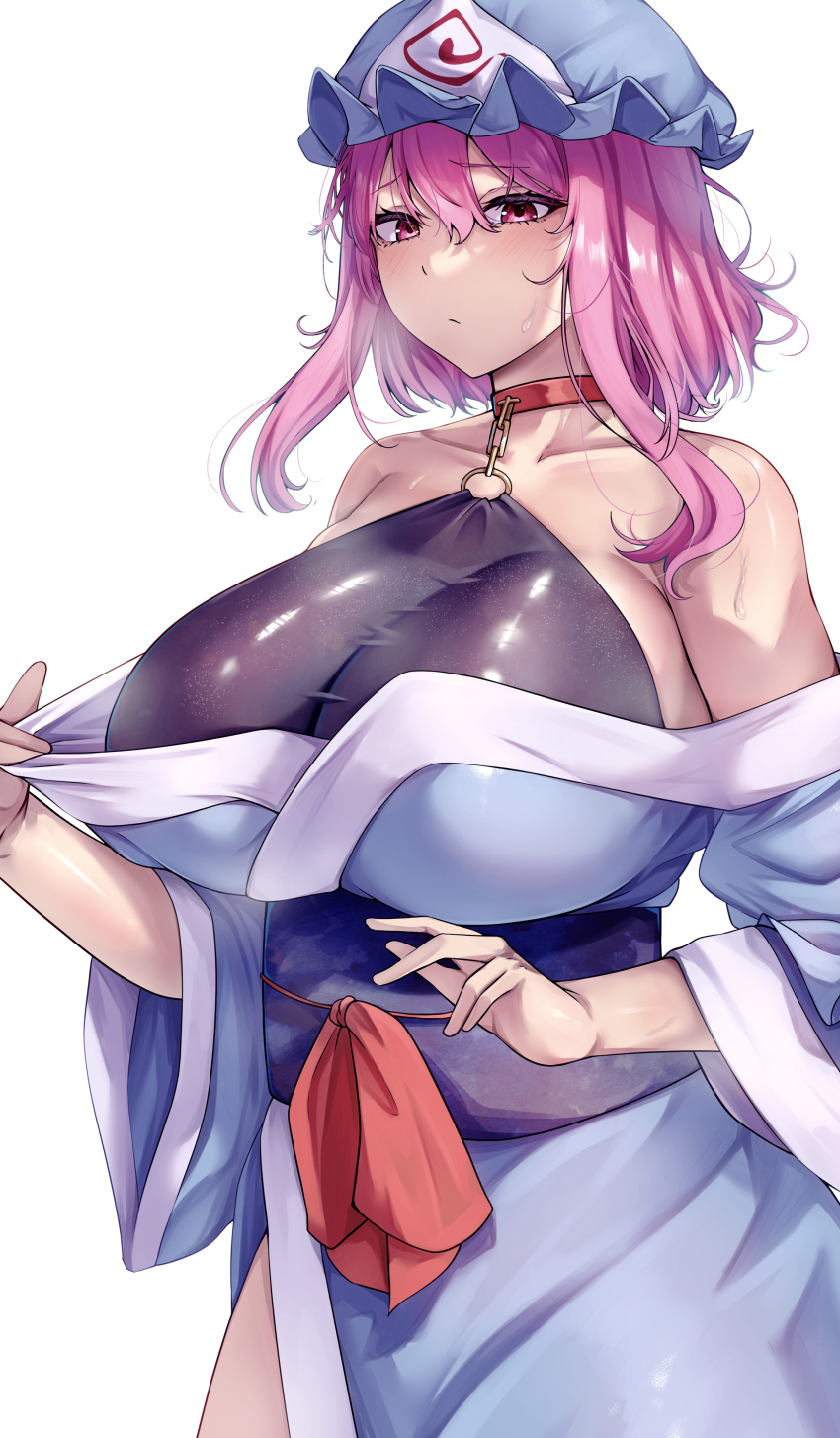 1girl absurdres blue_kimono breasts choker cleavage hat highres japanese_clothes kimono large_breasts looking_at_viewer mirufui mob_cap pink_eyes pink_hair saigyouji_yuyuko short_hair solo touhou triangular_headpiece wide_sleeves