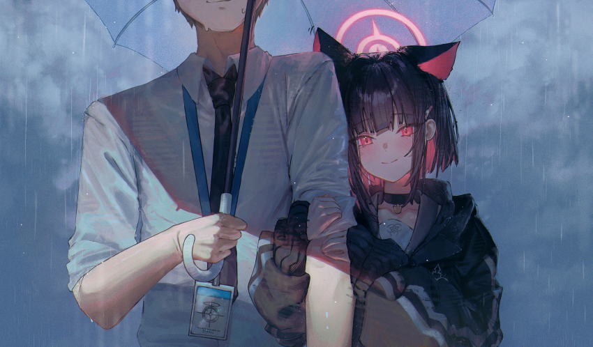 1boy 1girl animal_ears betabeet black_choker black_hair black_jacket black_necktie blue_archive blush cat_ears choker closed_mouth colored_inner_hair hair_ornament hairclip halo highres holding holding_umbrella jacket kazusa_(blue_archive) long_sleeves multicolored_hair necktie pink_hair pink_halo rain red_eyes sensei_(blue_archive) shared_umbrella short_hair smile umbrella wet