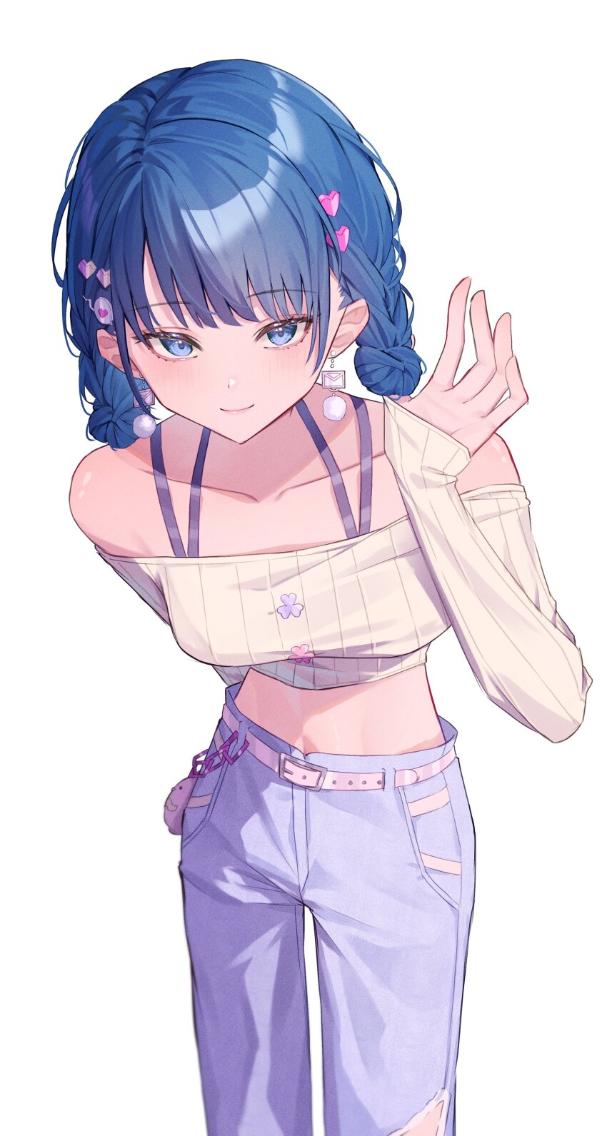 1girl absurdres belt_chain blue_eyes blue_hair blue_pants blunt_bangs blush braid breasts chase_my_ideal_idol!_(project_sekai) collarbone commentary cropped_sweater denim earrings hair_ornament hashtag-only_commentary heart heart_hair_ornament highres isana615 jeans jewelry kiritani_haruka leaning_forward long_sleeves looking_at_viewer medium_breasts midriff navel official_alternate_costume official_alternate_hairstyle pants pom_pom_(clothes) pom_pom_earrings project_sekai simple_background sleeves_past_wrists smile solo sweater symbol-only_commentary twin_braids white_background yellow_sweater