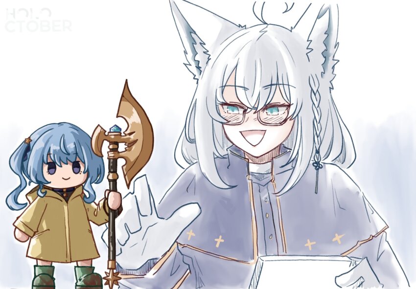 2girls :d ahoge alternate_costume animal_ear_fluff animal_ears axe battle_axe black_eyes blue_eyes blue_hair blush boots braid closed_mouth coat cosplay figure fox_ears fox_girl glasses gloves green_footwear hair_ornament highres holding holding_axe holding_weapon hololive hood hood_down hooded_coat hoshimachi_suisei jubilee_2025 long_hair long_sleeves looking_at_another luce_(jubilee_2025) luce_(jubilee_2025)_(cosplay) meme mixed-language_commentary mud multiple_girls no_pupils official_alternate_costume open_mouth orakuru_(oracle_art) parody photo-referenced priest rectangular_eyewear romaji_commentary rubber_boots semi-rimless_eyewear shirakami_fubuki side_braid side_ponytail simple_background smile standing star_(symbol) star_hair_ornament under-rim_eyewear virtual_youtuber weapon white_background white_gloves white_hair yellow_coat yellow_raincoat