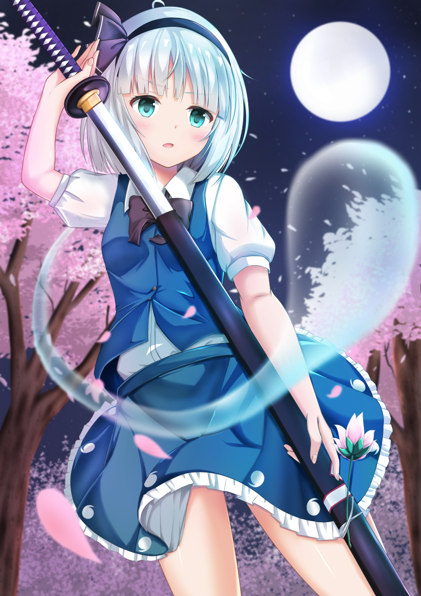 1girl absurdres aqua_eyes black_bow black_bowtie black_hairband blue_skirt blue_vest blush bow bowtie cherry_blossoms collared_shirt dress_shirt frilled_skirt frills full_moon hairband highres holding holding_sheath holding_sword holding_weapon konpaku_youmu konpaku_youmu_(ghost) medium_hair miniskirt moon night open_mouth sheath shirt short_sleeves silver_hair skirt solo standing suraberu sword touhou unsheathing vest weapon white_shirt wing_collar