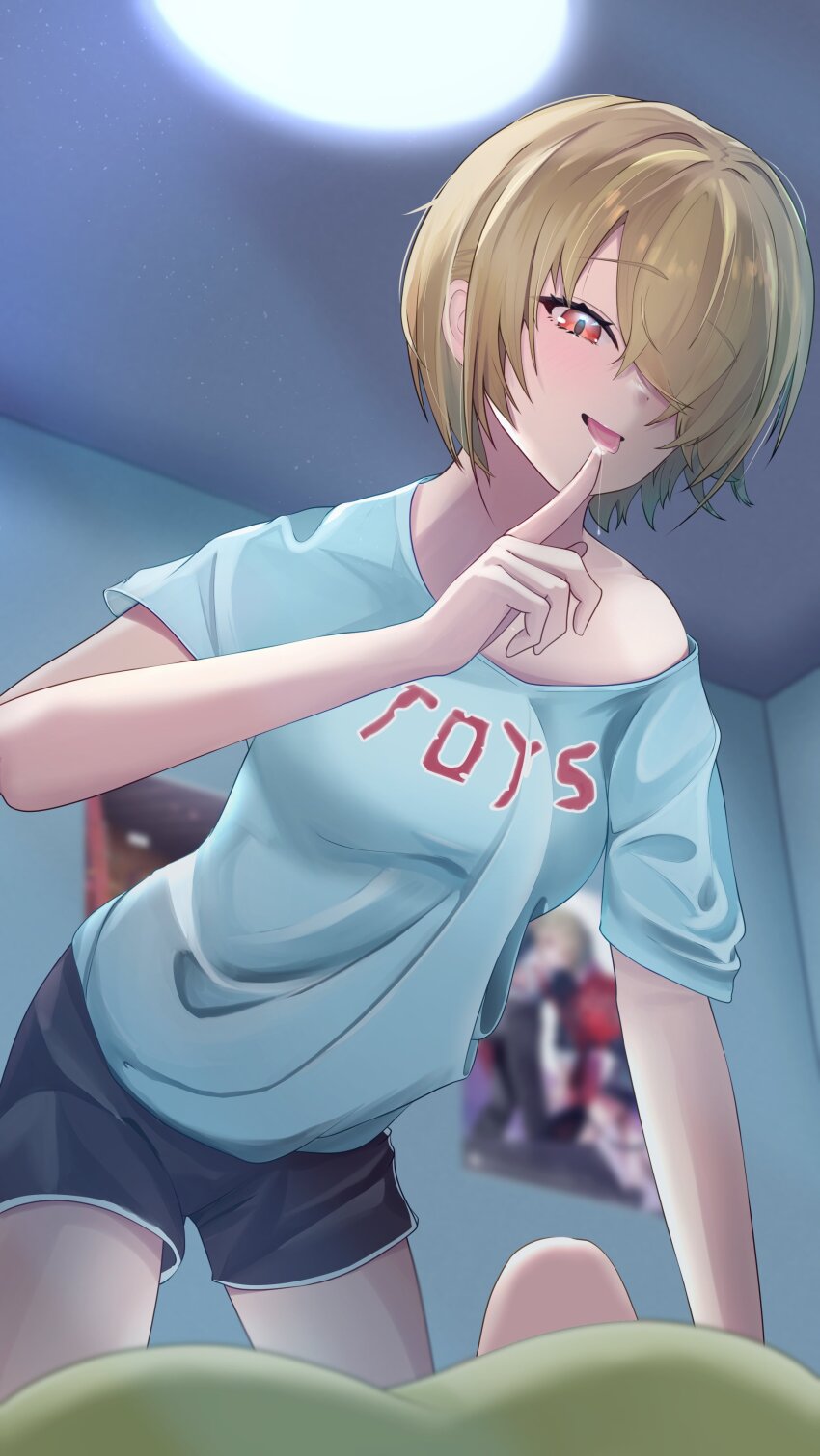 2girls absurdres aqua_shirt blonde_hair female_pov hair_over_one_eye heaven_burns_red highres indoors izumi_yuki_(heaven_burns_red) kayamori_ruka lilyhoney multiple_girls pov pov_breasts red_eyes saliva saliva_trail shirt short_hair yuri