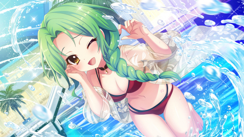 1girl bikini black_bikini black_choker blush braid breasts chair choker cleavage dot_nose dutch_angle film_grain floral_print fountain game_cg green_hair hands_up indoors izumi_tsubasu layered_bikini long_braid long_hair lounge_chair medium_breasts multicolored_bikini navel non-web_source official_art one_eye_closed open_clothes open_mouth open_shirt palm_tree pool print_shirt re:stage! red_bikini see-through_clothes see-through_shirt shirokita_kuroha shirt single_braid single_off_shoulder smile solo sparkle splashing swimsuit tree two-tone_bikini wading water_drop yellow_eyes