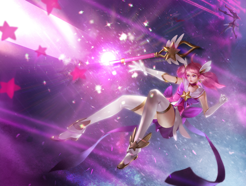 1girl alternate_costume alternate_hair_color alternate_hairstyle boots choker elbow_gloves female_focus gloves high_heel_boots high_heels highres league_of_legends lipstick lux_(league_of_legends) magical_girl makeup pink_hair pleated_skirt purple_skirt ribbon skirt solo star_guardian_(league_of_legends) star_guardian_lux thighhighs tiara twintails white_gloves