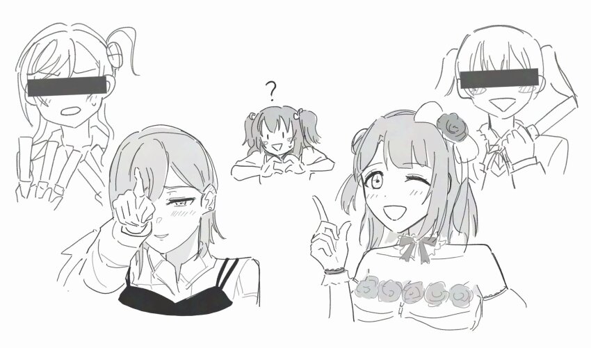 5girls :d ;d ? ai_scream!_(love_live!) aiscream_(love_live!) bar_censor bare_shoulders blush blush_stickers breasts camisole camisole_over_clothes censored censored_identity cheongseo cleavage collarbone collared_dress commentary_request cropped_shoulders cropped_torso dress gloves glowstick greyscale hair_bun hand_up heart heart_hands highres holding holding_glowstick index_finger_raised kurosawa_ruby let&#039;s_be_one_(love_live!) love_live! love_live!_nijigasaki_high_school_idol_club love_live!_series_asia_tour_2024 love_live!_sunshine!! love_live!_superstar!! medium_hair monochrome multiple_girls official_alternate_costume one_eye_closed open_mouth parted_lips penlight_(glowstick) pointing short_hair_with_long_locks simple_background single_side_bun smile strapless strapless_dress sweatdrop swept_bangs takasaki_yu triangle_mouth twintails two_side_up uehara_ayumu wakana_shiki white_background yoneme_mei yume_e_no_ippo yuri |_|