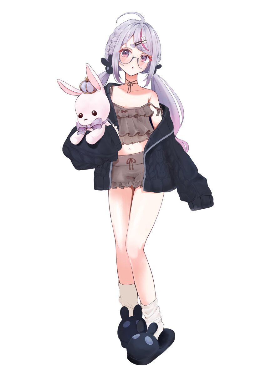 1girl ahoge animal_slippers black_footwear glasses grey_hair highres jacket long_sleeves looking_at_viewer low_twintails midriff multicolored_hair navel nnmrr_o open_clothes open_jacket parted_lips pink_hair shirt shorts simple_background single_bare_shoulder slippers socks solo standing tosaki_mimi twintails virtual_youtuber vspo! white_background white_socks