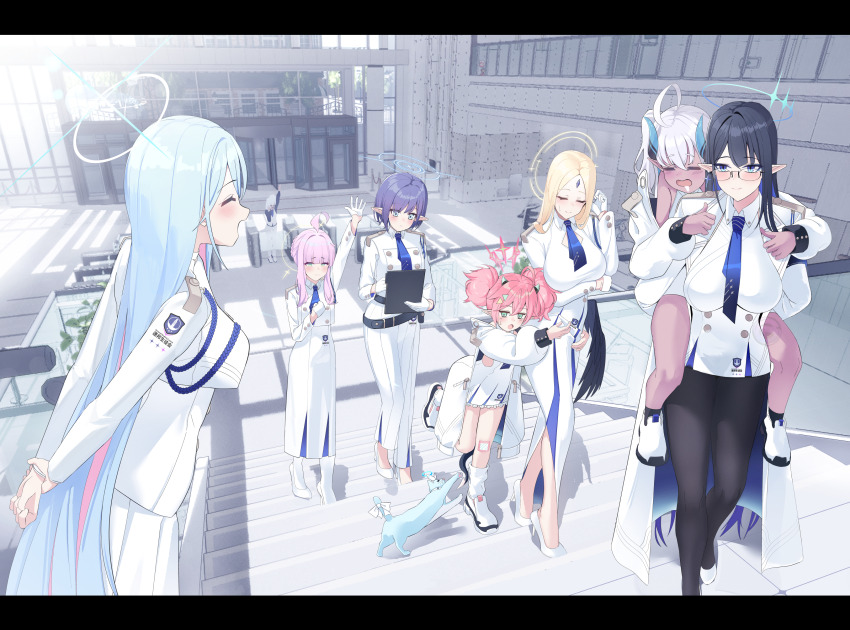 6+girls absurdres ahoge aoi_(blue_archive) arm_under_breasts arm_up arms_behind_back ayumu_(blue_archive) black_hair black_pantyhose black_wings blonde_hair blue_archive blue_eyes blue_hair blue_halo blue_necktie blunt_bangs blush breasts carrying closed_eyes closed_mouth coat collared_dress commentary_request dark-skinned_female dark_skin dress drooling forehead_jewel general_student_council_president_(blue_archive) giga-tera glasses gloves green_eyes grey_hair haine_(blue_archive) half_gloves halo high_heels highres hug hug_from_behind indoors jacket kaya_(blue_archive) large_breasts leg_up letterboxed long_dress long_hair long_skirt long_sleeves looking_at_another low_wings momoka_(blue_archive) multicolored_hair multiple_girls necktie open_clothes open_coat open_mouth pantyhose piggyback pink_hair pointy_ears puffy_long_sleeves puffy_sleeves purple_hair rin_(blue_archive) shoes short_dress short_hair sidelocks skirt sleeping smile socks stairs standing streaked_hair sumomo_(blue_archive) twintails walking white_coat white_dress white_gloves white_jacket white_shoes white_skirt white_socks wings yellow_halo