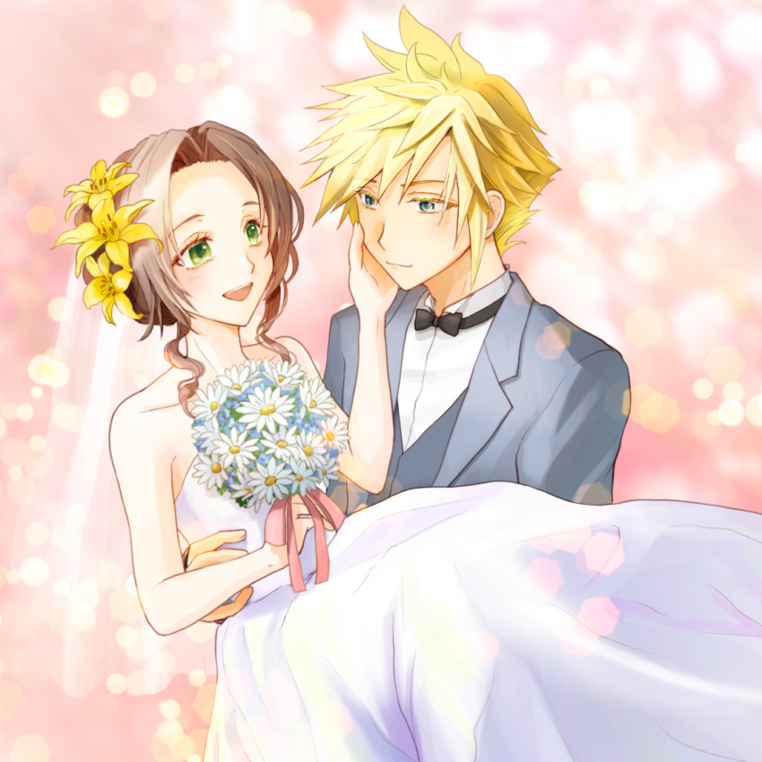 1boy 1girl aerith_gainsborough alternate_costume bare_shoulders black_bow black_bowtie blonde_hair blue_eyes bouquet bow bowtie bridal_veil bride brown_hair carrying closed_mouth cloud_strife collared_shirt commentary_request couple dress final_fantasy final_fantasy_vii flower green_eyes grey_jacket groom hair_flower hair_ornament hand_on_own_cheek hand_on_own_face hetero holding holding_bouquet husband_and_wife jacket light_blush lily_(flower) long_dress long_hair looking_at_another open_mouth parted_bangs princess_carry shirt short_hair sidelocks smile spiked_hair strapless strapless_dress suit_jacket tuxedo updo upper_body veil vest waistcoat wavy_hair wedding wedding_dress white_dress white_flower white_shirt yahokichi_ma yellow_flower