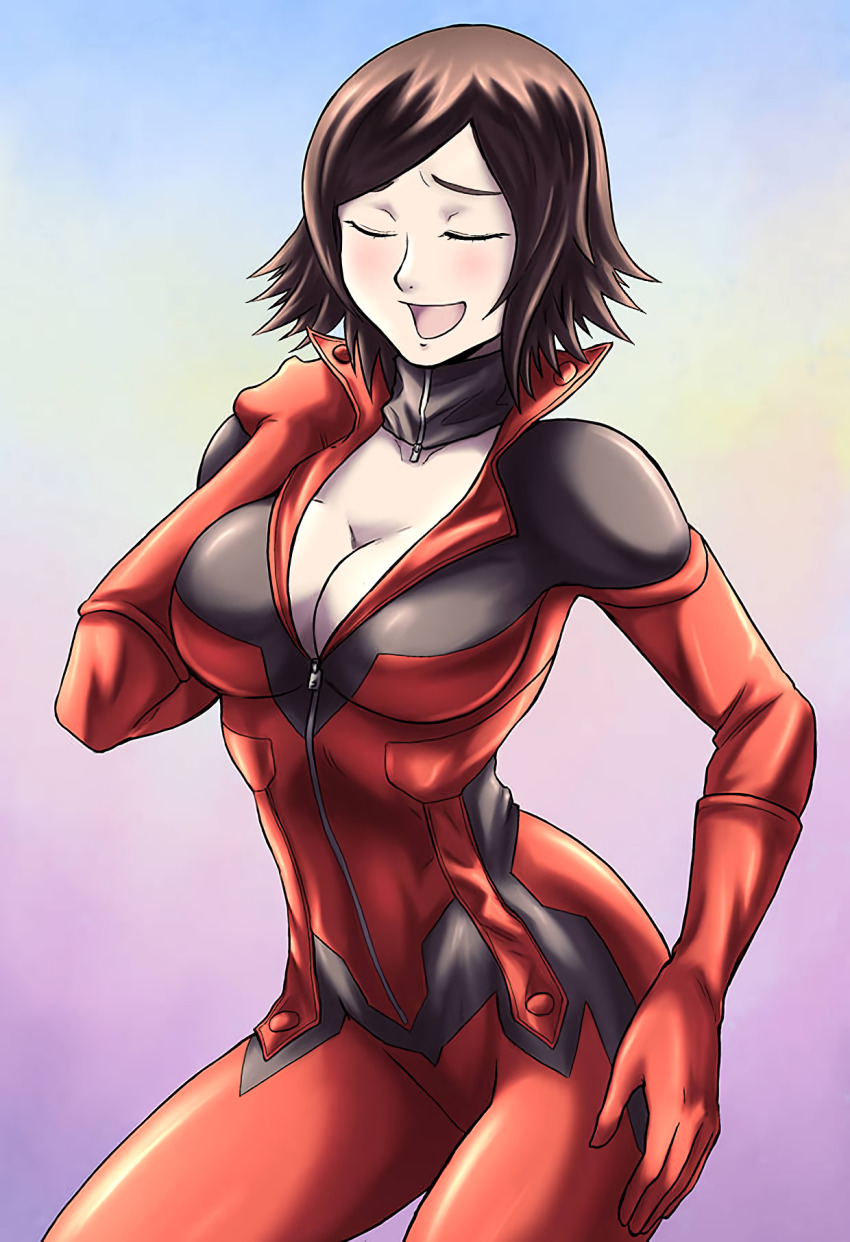 1girl arm_up bodysuit breasts brown_hair carlotus cleavage closed_eyes cosplay hand_on_own_hip hand_on_own_shoulder highres izayoi_aki izayoi_aki_(cosplay) kazama_asuka large_breasts legs namco red_bodysuit short_hair smile smug solo tekken thighs tongue yu-gi-oh! yu-gi-oh!_5d&#039;s