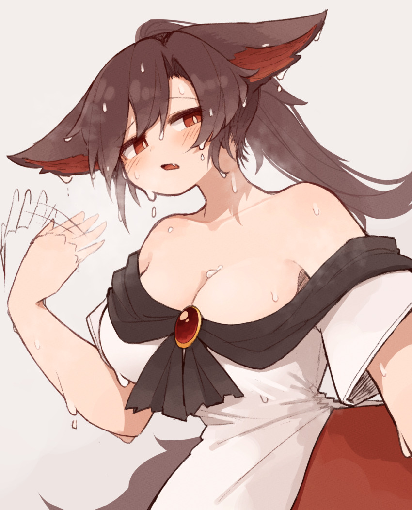 1girl afterimage alternate_hairstyle animal_ears blush breasts brown_hair cleavage commentary_request cowboy_shot dress dripping fanning_self floppy_ears grey_background high_ponytail highres hot imaizumi_kagerou kaginoni large_breasts long_hair looking_at_viewer off-shoulder_dress off_shoulder open_mouth red_brooch red_skirt short_sleeves simple_background skirt solo sweat touhou white_dress wolf_ears wolf_girl