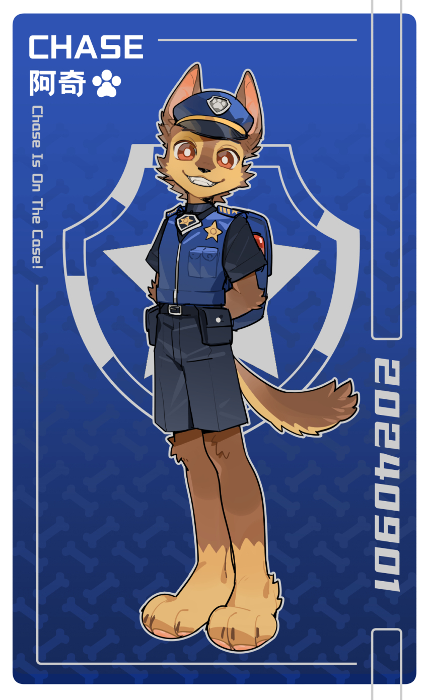 1boy animal_ears arms_behind_back backpack badge bag barefoot blue_background blue_shirt blue_shorts blue_vest border brown_eyes character_name chase_(paw_patrol) claws collar commentary dog_boy dog_ears dog_tail english_commentary fangs furry furry_male grin hat highres looking_at_viewer male_focus mixed-language_text paw_patrol paw_print police police_hat police_uniform rakkasei_l shirt shorts smile tail translation_request vest white_border