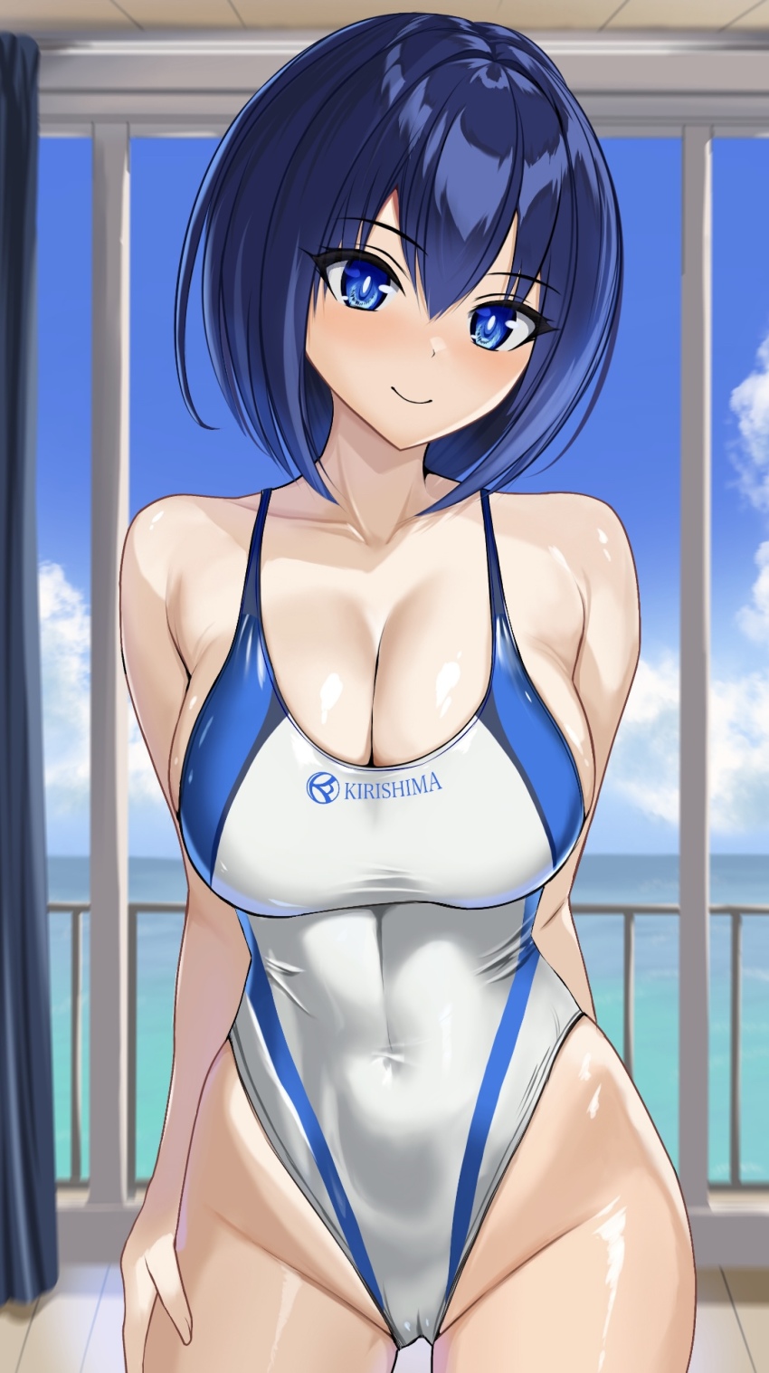 1girl arms_at_sides black_hair blue_eyes blue_sky breasts cleavage clothes_writing cloud commentary_request competition_swimsuit cowboy_shot dolphin_wave gluteal_fold highleg highleg_one-piece_swimsuit highres large_breasts one-piece_swimsuit short_hair sky solo swimsuit taraba_(redkingtaraba) tojou_michiru two-tone_swimsuit white_one-piece_swimsuit