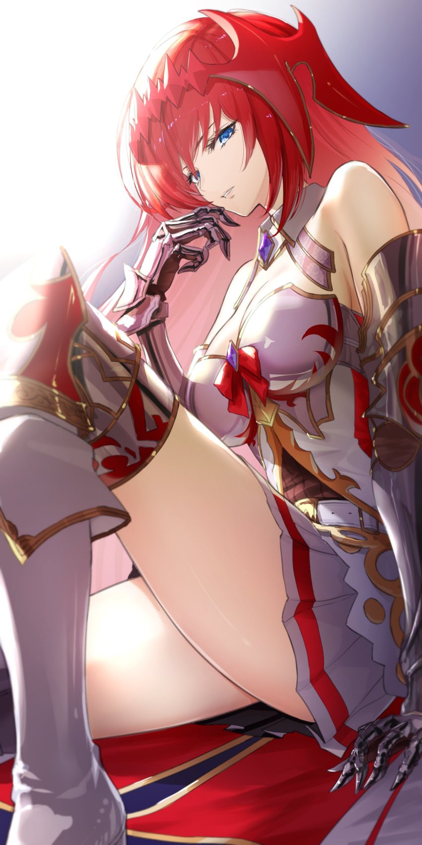 1girl absurdres aiu_eo armored_boots bare_shoulders blue_eyes boots detached_collar gauntlets godsworn_alexiel granblue_fantasy hair_ornament highres long_hair looking_at_viewer red_hair skirt solo thighs very_long_hair white_skirt