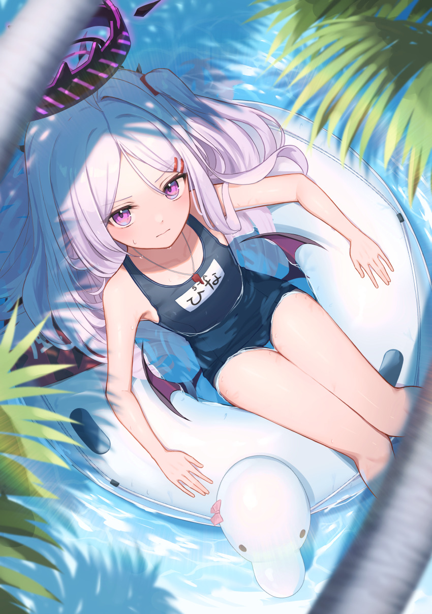 1girl absurdres bat_wings black_halo blue_archive blue_one-piece_swimsuit closed_mouth commentary_request flat_chest from_above hair_ornament hairclip halo highres hina_(blue_archive) hina_(swimsuit)_(blue_archive) honome_sui innertube leaf long_hair looking_at_viewer looking_up low_wings official_alternate_costume one-piece_swimsuit parted_bangs partially_submerged purple_eyes revision school_swimsuit solo swim_ring swimsuit thighs water wet whistle whistle_around_neck white_hair wings