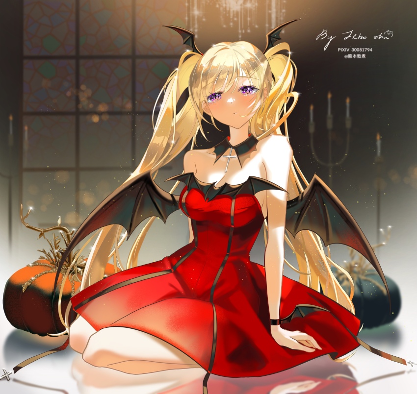 1girl absurdres black_wings blonde_hair chandelier choker closed_mouth commentary_request detached_collar dress highres hoshina_utau jiao_zhu looking_at_viewer mixed-language_commentary pixiv_id purple_eyes red_dress seiza shugo_chara! sitting solo strapless strapless_dress twintails wings