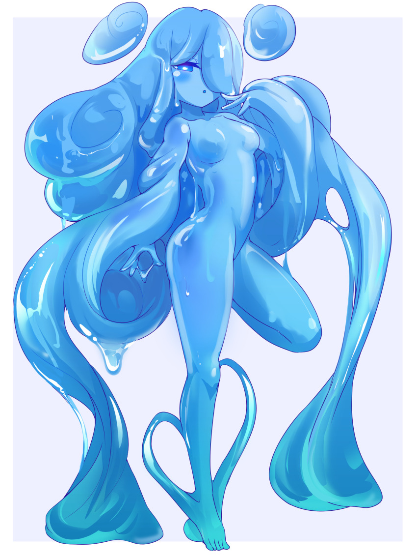 1girl blue_eyes blue_skin breasts colored_skin hair_over_one_eye highres hikyou_takarasou leg_up liquid_hair long_bangs long_hair monster_girl original slime_(creature) slime_(substance) slime_girl standing standing_on_one_leg very_long_hair