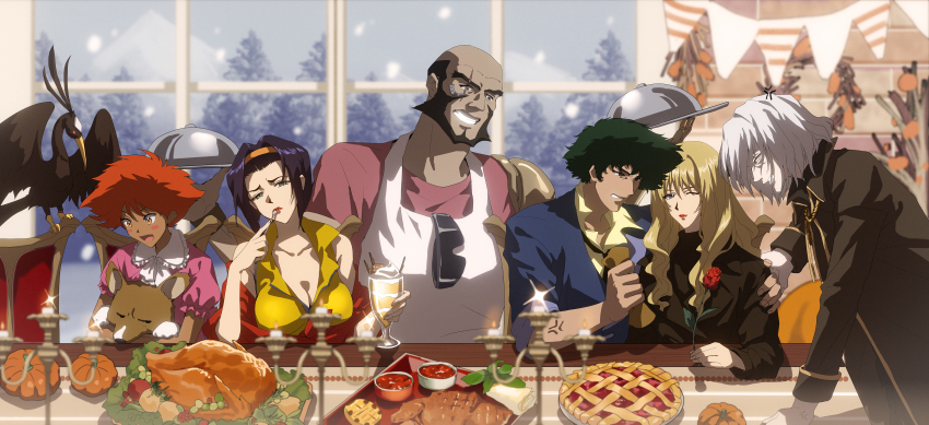 absurdres cowboy_bebop dinner edward_wong_hau_pepelu_tivrusky_iv ein_(cowboy_bebop) faye_valentine food highres jet_black julia_(cowboy_bebop) meal spike_spiegel thanksgiving vicious_(cowboy_bebop)