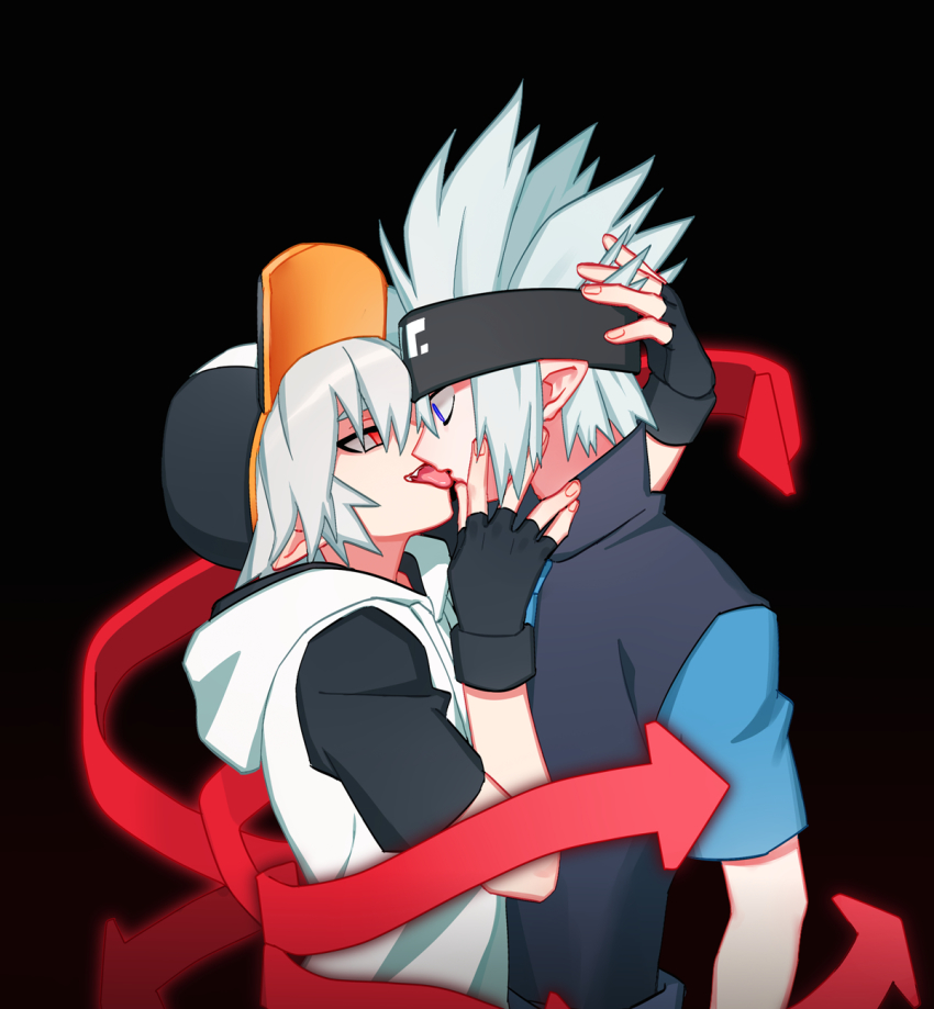 2boys aotu_world arrow_(symbol) black_background black_gloves black_headband black_headwear blue_eyes fingerless_gloves fingernails gloves grey_hair hand_in_another&#039;s_hair hand_on_another&#039;s_cheek hand_on_another&#039;s_face hat headband highres hood hood_down hoodie licking looking_at_another male_focus multiple_boys parted_lips pointy_ears red_eyes simple_background spiked_hair teeth tongue tongue_out white_hair white_hoodie wuliu_heihuo yaoi