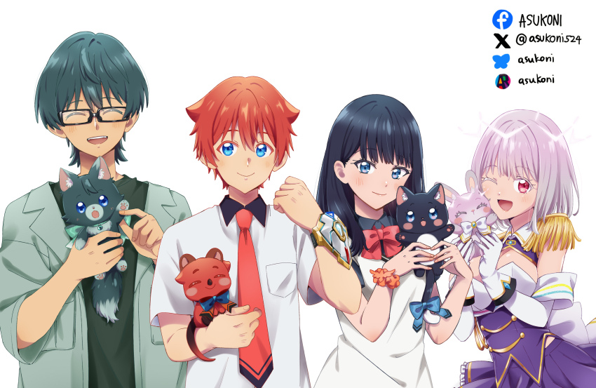 2boys 2girls acceptor black_hair blue_eyes blush bow bowtie breasts cleavage collared_shirt couple epaulettes frilled_skirt frills glasses gloves green_hair gridman_universe gridman_universe_(film) hibiki_yuuta highres holding jacket long_hair looking_at_viewer multiple_boys multiple_girls necktie nikonishi one_eye_closed open_mouth purple_hair purple_skirt red_bow red_eyes red_hair school_uniform scrunchie shinjou_akane shinjou_akane_(new_order) shirt short_hair short_sleeves simple_background skirt smile takarada_rikka utsumi_shou white_gloves white_shirt wing_collar wrist_scrunchie