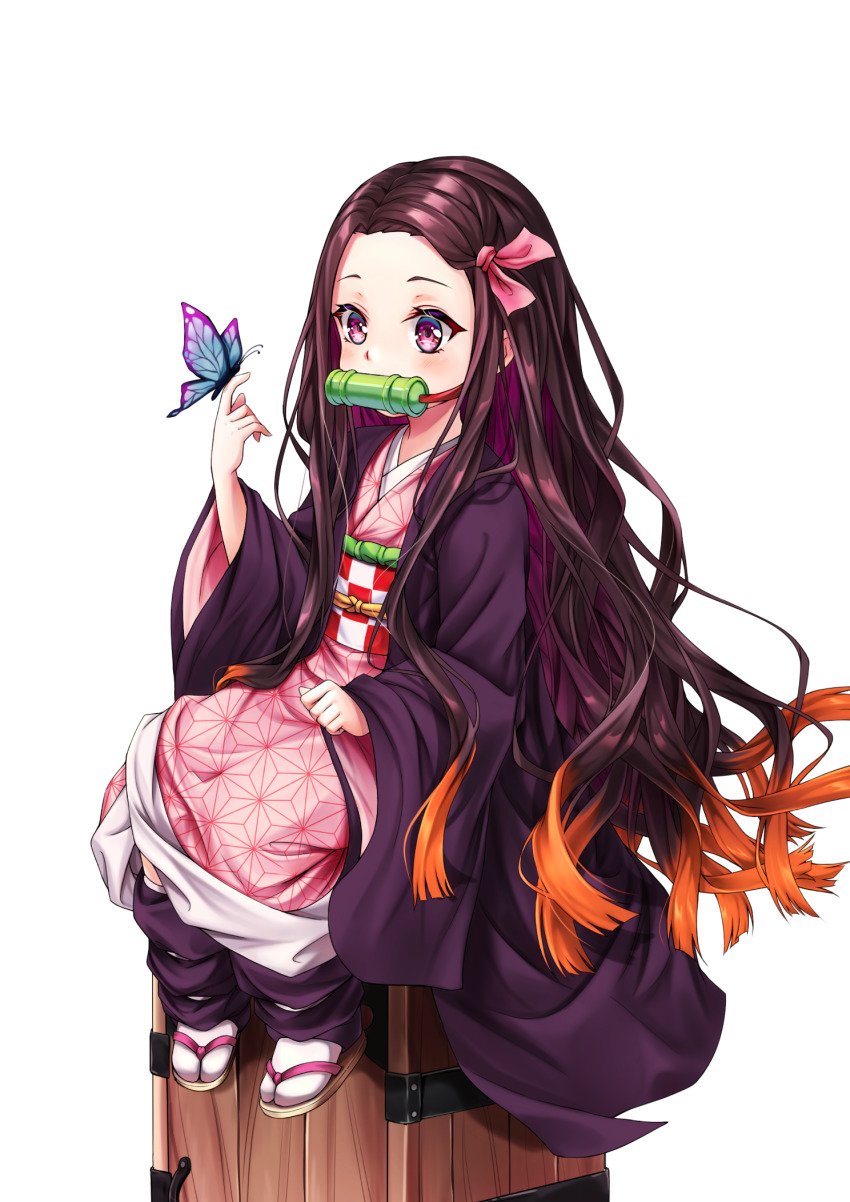 1girl arm_up bad_id bad_pixiv_id bit_gag black_hair black_robe box brown_hair bug butterfly checkered_sash forehead full_body gag gagged gagged_(willingly) gradient_hair highres insect japanese_clothes kamado_nezuko kimetsu_no_yaiba kimono leg_warmers long_hair multicolored_hair n15e obi pink_eyes pink_kimono ribbon robe sandals sash sitting solo tabi very_long_hair wooden_box