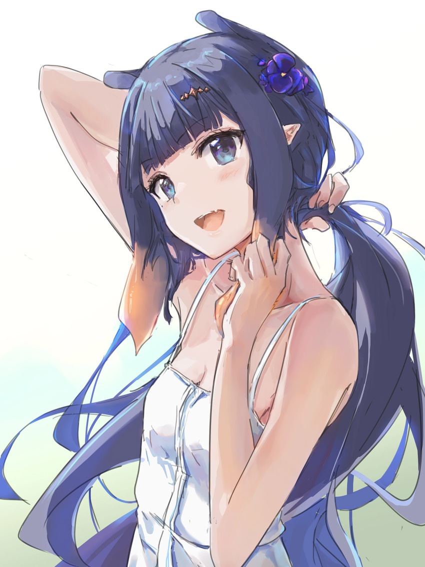 1girl arm_up bare_arms bare_shoulders blue_eyes blunt_bangs commentary dress flat_chest flower gradient_hair hair_flower hair_ornament hairclip highres hololive hololive_english long_hair mole mole_under_eye multicolored_hair ninomae_ina&#039;nis orange_hair pointy_ears purple_hair sidelocks solo tallgeese_(lgeesel) tentacle_hair tying_hair very_long_hair virtual_youtuber white_background white_dress